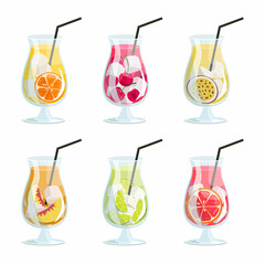 Drink glasses with different fruit and berry juices or cocktails with ice and slices. Vector graphic.