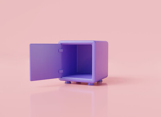 Safe box with empty space inside isolated on pink pastel background. Concept about money saving. poor, money, financial security. 3d icon rendering illustration, cartoon minimal style
