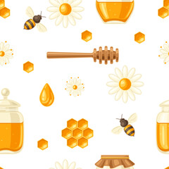 Seamless pattern with honey items. Image for food and agricultural industry.