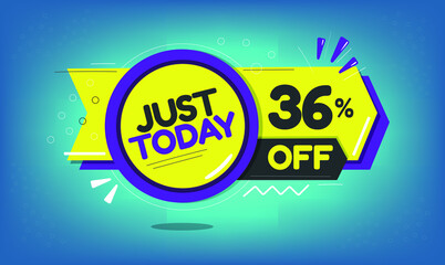 Just today, 36% discount just today, thirty-six percent, promotion sales and marketing, discount tag and icon