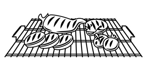 Bbq illustration with grill objects and icons. Stylized kitchen and restaurant items.
