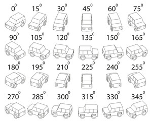 A set of 24 off-road vehicles from different angles. Rotation of the SUV in outline by 15 degrees for animation.   © moneymover