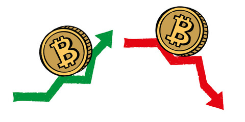 Bitcoin sketch icon with rising and crushing arrows. Cryptocurrency concept. Digital money trading.