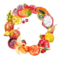 Watercolor composition of various fruits. Fruit vignette