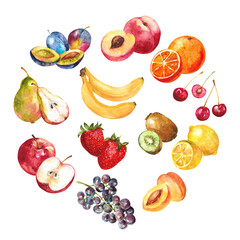 Watercolor composition of various fruits. Fruit circle