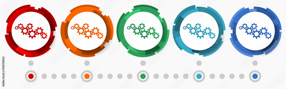 Leinwandbilder Work, technology concept vector icon set,  modern design abstract web buttons in 5 color options, infographic template for webdesign and mobile apps