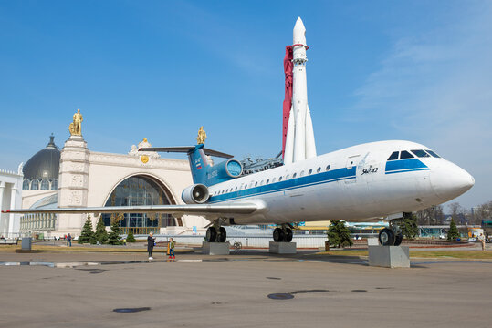 MOSCOW, RUSSIA - APRIL 14, 2021: Soviet aircraft of Yak-42 on the territory of the All-Russian Exhibition Center (VDNKh) on a sunny April day
