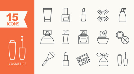 Cosmetic vector thin line icons set. Makeup linear icon collection