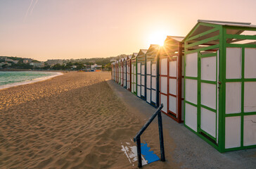 Famous beach huts in Sagaro with Playa de Sant Pol, Costa Brava. Spain. Mediterranean Sea