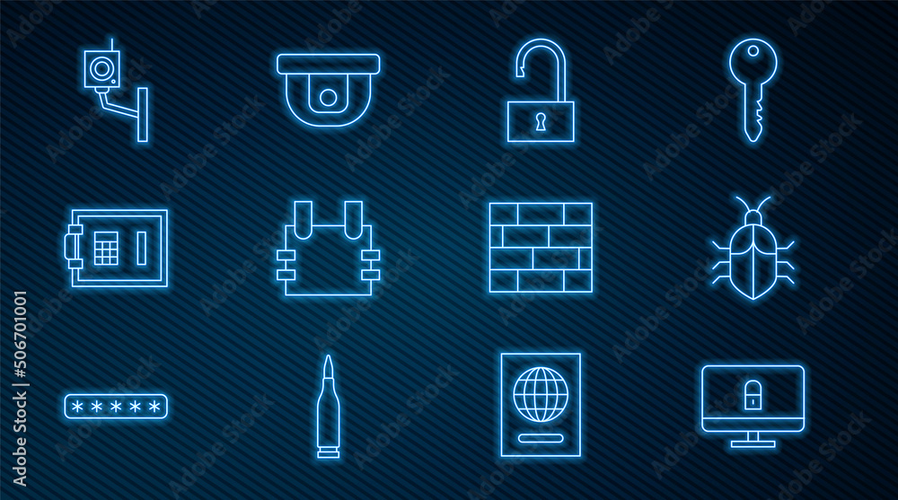 Poster set line lock on computer monitor, system bug concept, open padlock, bulletproof vest, safe, securit