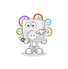 electric socket with wristwatch cartoon. cartoon mascot vector