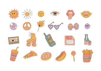 Retro stickers. Doodles psychedelic vintage clip art. Peace symbol. Pizza piece. Heart shaped sunglasses. Collection of hippy elements. Vector illustration.