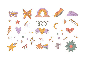 Retro clip art. Abstract shapes, funny comic cute characters and doodles. Vintage stickers. Heart smiles. Collection of hippy elements. Vector illustration.