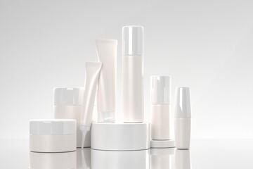 3D Cosmetics bottles on podium. Realistic mockup of big series skin care products on studio white background. Luxury blank beige containers, jar and tubes with cream for ad and promotion, 3d render