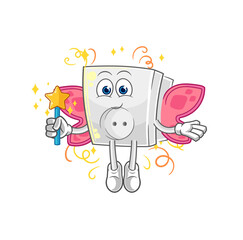 electric socket fairy with wings and stick. cartoon mascot vector