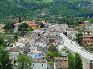 Fototapeta na wymiar A panorama of the quaint and historic town of Fossombrone in the Le Marche region of Central Italy -
