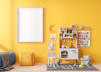 Empty vertical picture frame on yellow wall in modern child room. Mock up interior in scandinavian style. Free, copy space for your picture. Play kitchen, toys. Cozy room for kids. 3D rendering.
