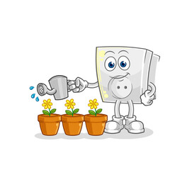 electric socket watering the flowers mascot. cartoon vector