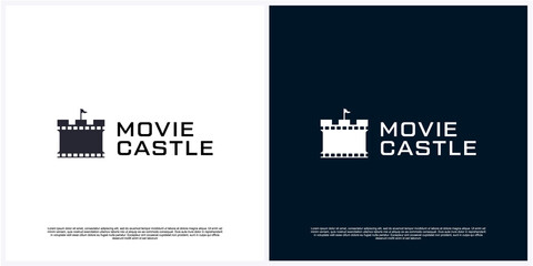 Movie black with castle logo design premium Premium Vector