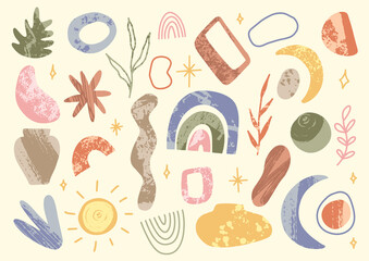 Collection of fashionable abstract graphic textured boho shapes on a light background. Minimalist forms in the style of modern art. Vector illustration	