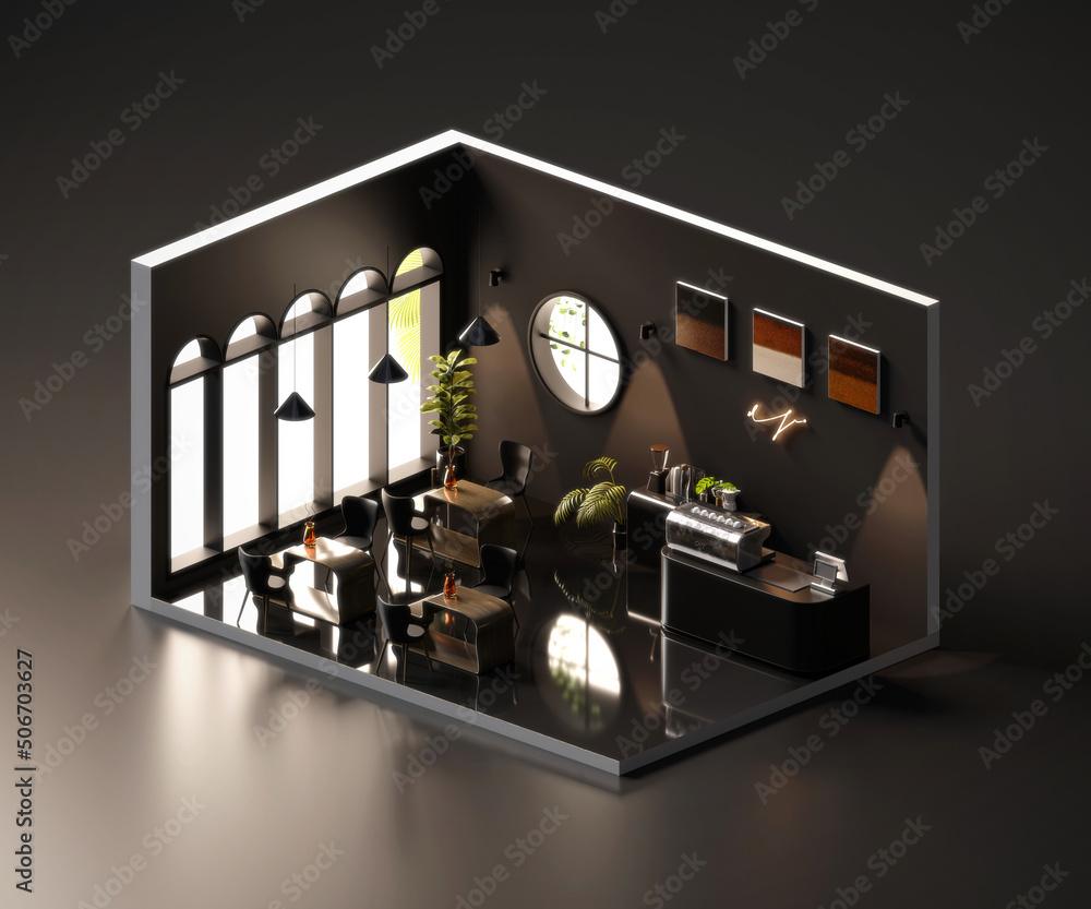 Poster isometric view black minimal cafe store open inside interior architecture, 3d rendering digital art.