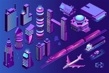 Isometric Smart City. Modern Futuristic Neon Town Structure, Transport And Buildings. Vector Illustration. - 506703686