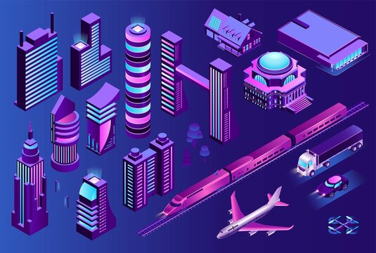 Isometric Smart City. Modern Futuristic Neon Town Structure, Transport And Buildings. Vector Illustration.
