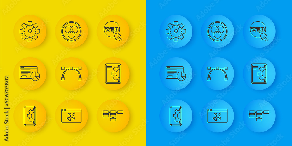 Poster set line web development, website statistic, bezier curve, site map, and graphic design and rgb cmyk
