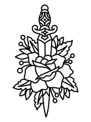 Tattoo sketch with dagger and rose. Hand drawn illustration converted to vector