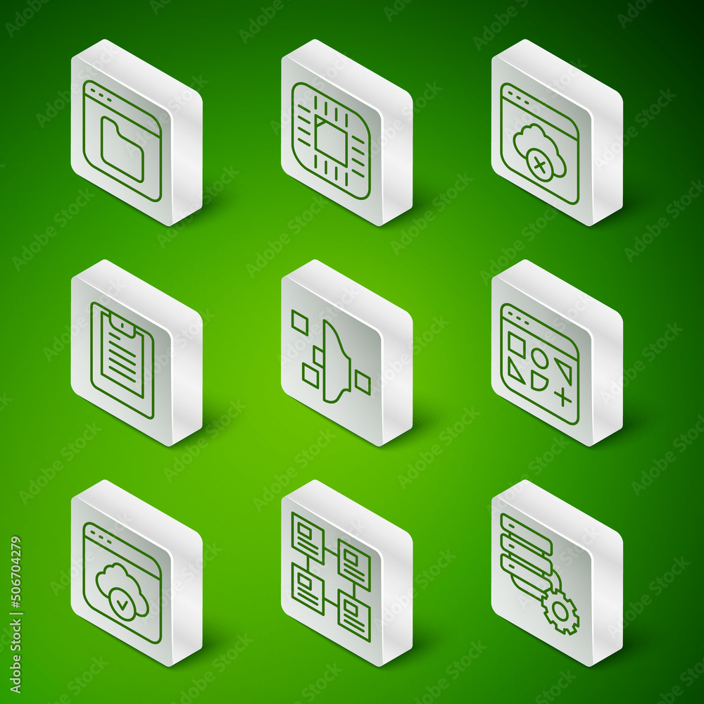 Poster set line server and gear, hierarchy organogram chart, browser files, filter setting, server, data re