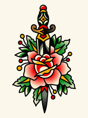 Traditional tattoo flash rose with knife. Vector illustration