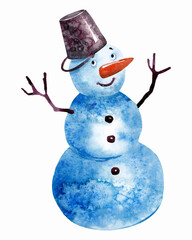 Cute snowman hand-drawn in watercolor Vector Winter illustration.
