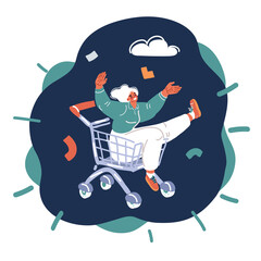 Cartoon vector illustration of woman riding in shopping cart.