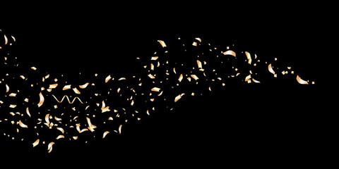 Gold glitter confetti on a black background. Serpentine. Shiny particles are scattered, sand. Decorative element. Luxury background for your design, postcards, invitations, vector