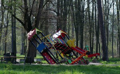 Vorzel, Bucha district, Kyiv region, Ukraine. A playground in the park, destroyed by the Russian...