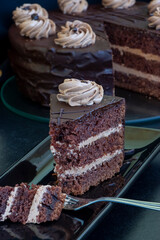 Pieces homemade layered chocolate cake with icing cream white plate. Selective focus. Close up.