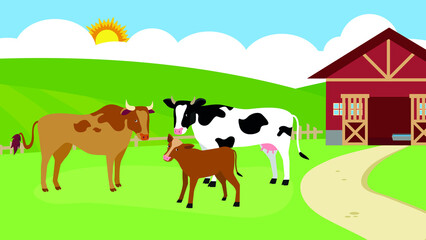 Two cows and a calf on a farm