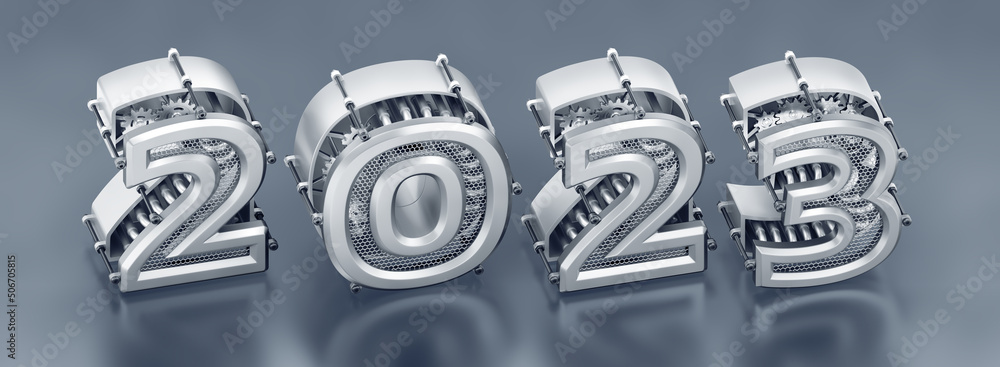 Aufkleber the new technological year of 2023. designed in modern steampunk style a row of 3d digits, which are