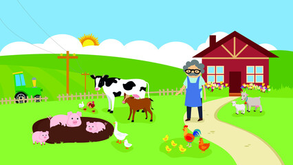 Obraz na płótnie Canvas Farmer among farm animals