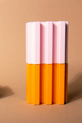 Bright, colorful geometric shapes podium for product display. Multicolored architecture of abstract shapes