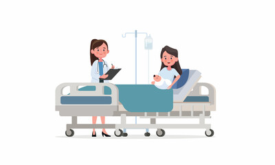 Doctor and mother with newborn baby in modern maternity ward