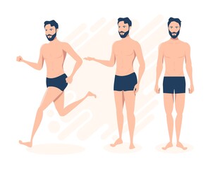 A man with a beard in underpants. Three poses. Vector.