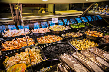 Fish and seafood delicacies showcase at Fish market of Helsinki, Finland