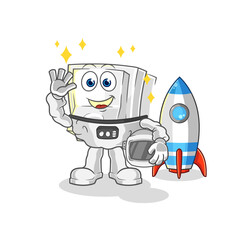 light switch astronaut waving character. cartoon mascot vector
