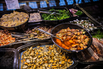 Fish and seafood delicacies showcase at Fish market of Helsinki, Finland