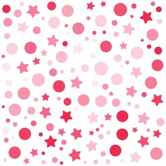 Pink stars and circles pattern on the white background. Vector illustration.