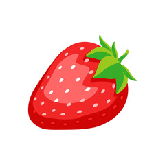 Red strawberry with green leaves flat cartoon vector illustration. Isolated illustration on white background.