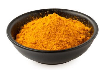Ground turmeric in black ceramic bowl.
