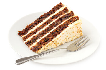 Slice of carrot cake with cream cheese filling and frosting on white plate with fork.