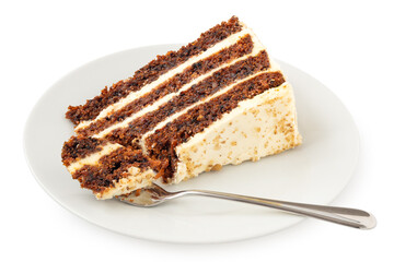 Slice of carrot cake with cream cheese filling and frosting on white plate with mouthful of cake on...